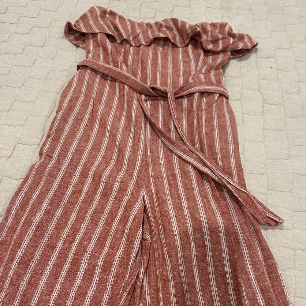 Abercrombie & Fitch Rust and White Striped Strapless Jumpsuit